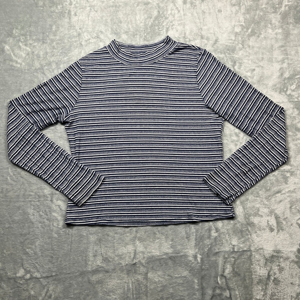 Eddie Bauer Mock Neck Top Womens Large Blue White Striped Long Sleeve Ribbed